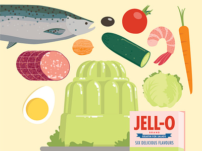 Jell-o Salad carrot cucumber design egg fish food ham illustration jello lettuce meat olive pork poster salad shrimp tomato vector vintage walnut