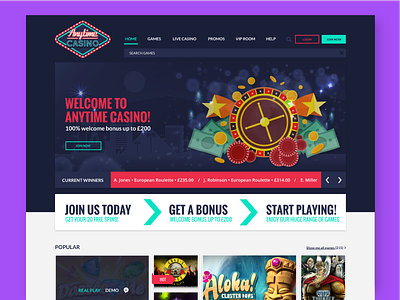 Anytime Casino – Home page banner gaming landing page logo on boarding online casino ui ux vegas webdesign