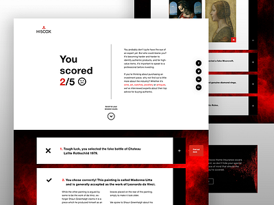 Hiscox Forgery Campaign black bold design minimal quiz red results ui ux website