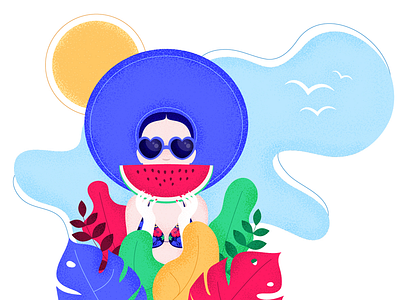 Summer Girl bathing suit birds girl hat illustration plants sky summer sun sunglasses watermelon woman