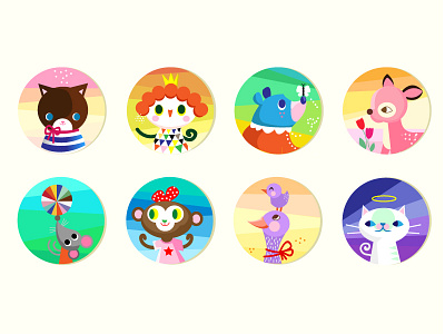 Icons animals cartoon character childish color cute happy kids rainbow