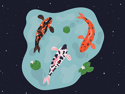 Koi Pond fish galaxy handdrawn illustration illustrator koi fish lily pad pond wacom intuos water