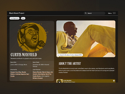 Curtis Mayfield – Black Music Project artist brown clean dark dark ui design illustration minimal music ui ux web website yellow