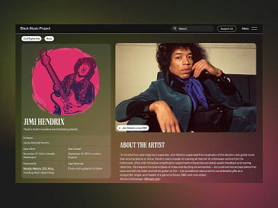 Jimi Hendrix – Black Music Project artist blue dark dark ui design green illustration minimal music pink profile ui ux web web design website website design