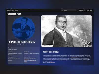 Blind Lemon Jefferson – Black Music Project artist blue blues clean design illustration minimal music ui ux web web design website website design