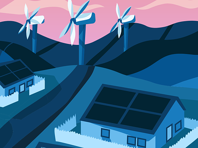 Illustration in progress - Clean Energy blue clean energy illustration landscape solar sunset turbine wind