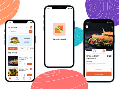 Sandwichwala Food Menu App branding design illustration ios app design light theme logo minimal minimalism mobile app design ui