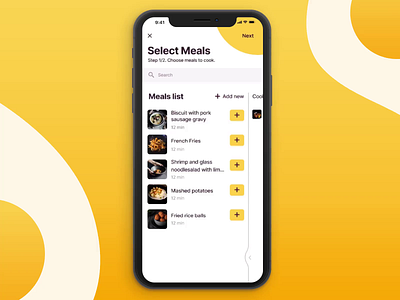 Neighbor cooking app: configuration of the cooking list add animation app cooking design food ios12 list mobile order order food preparation react native service settings ui user flow ux wizzard yellow