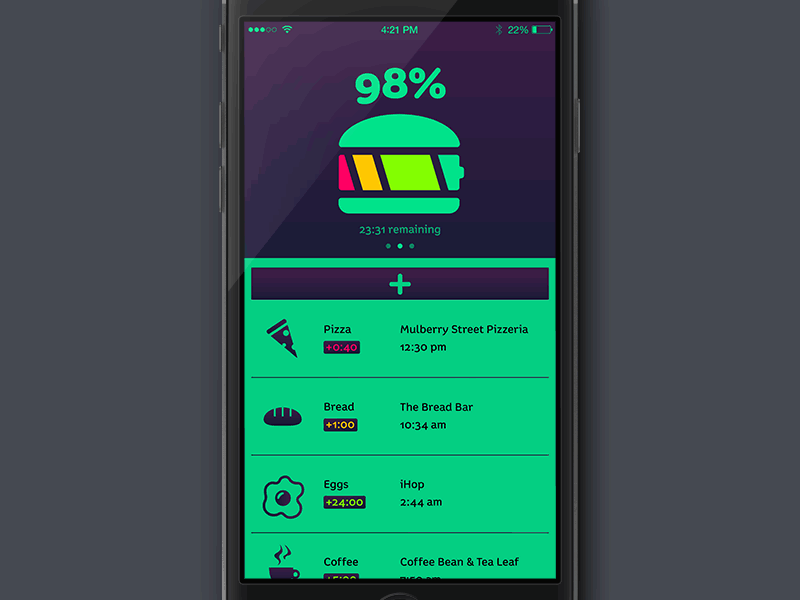 Awake™ — Replace Sleep with Food! (Fictional Food Tracker) app awake battery brand burger day eat food logo neon night sleep