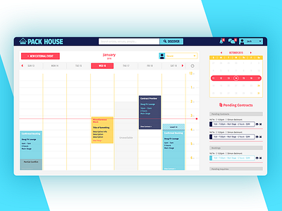 Pack House blue bright calendar dashboard interface platform scheduler ui ux web design website