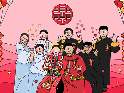 Chinese wedding cartoon draw illustration paint wedding