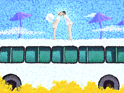 Kiss on the bus dreamy illustration kiss painting point 公共汽车