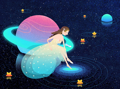 Planet and girl draw dresses girl illustration planet stars water