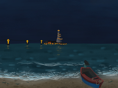 A girl watch the sea beach boat draw girl illustraion lighthouse ocean paint sea towers wave