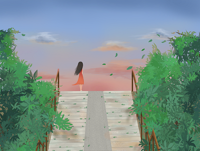 Little girl on the stairs draw girl illustration paint sky