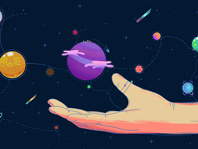 Planets on hand design drawing hand illustration paint planet star