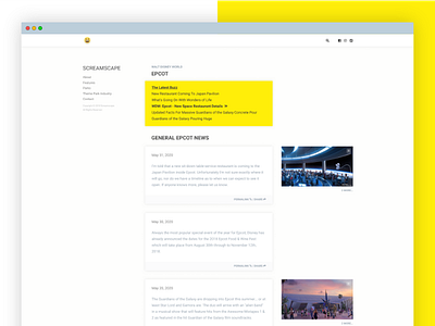 Screamscape Website Redesign clean disney news feed rollercoaster screamscape theme park ui universal ux web design website yellow