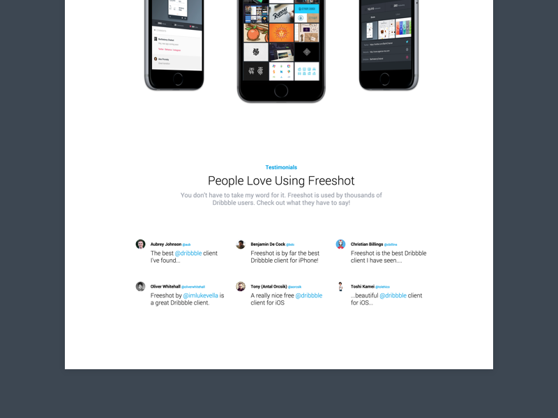 [WIP] Landing Page for Freeshot Dribbble Client app dribbble client freeshot ios iphone landing testimonials web