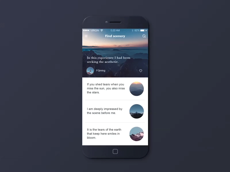 Find scenery-Travel share app-Animation after animation effects profile scroll ui ux