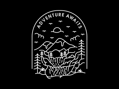 Adventure Awaits adventure camping holiday line lineart monoline mountain nature outdoor outline paradise river travel trip vacation wanderlust waterfall wild wilderness wildlife