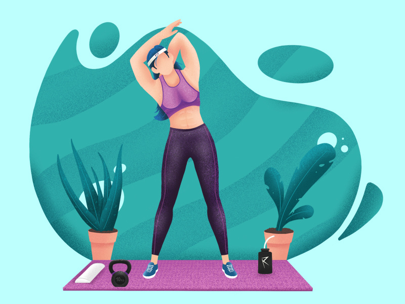 Stretching after workout turquoise green purple pink sport leafs plants kettle bell kettlebell woman illustration woman stretch workout