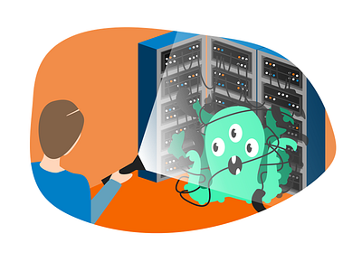 Boo! 👻 cables colorful employee flat illustration monster servers tangled