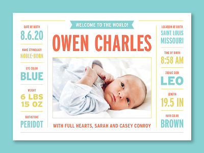 Owen's Birth Announcement baby birth birth announcement card child children colorful design data infographic owen statistics welcome