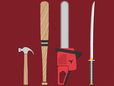 Pulp Fiction objects bat carry chainsaw edc everyday flat hammer illustration movie pulp fiction sword tarantino texture weapons