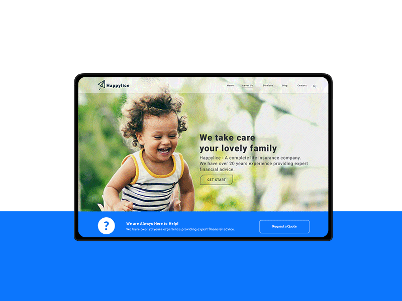 Happylice-Landing page blue corporate insurance landing page website white
