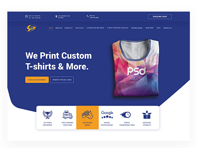 T shirts print- Website black blue corporate design e commerce landing page re branding re design website white