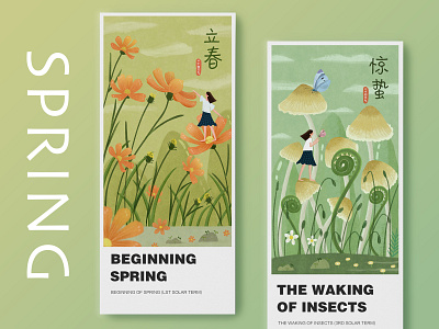 spring card design draw flowers girl green illustration mushroom spring ui