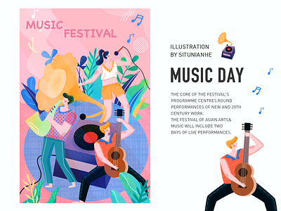 music festival characters design draw flat illustration music singer ui vector