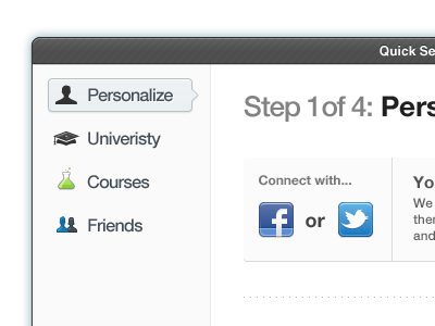 Setup My Account setup steps facebook connect facebook courses university light box modal edit black pattern