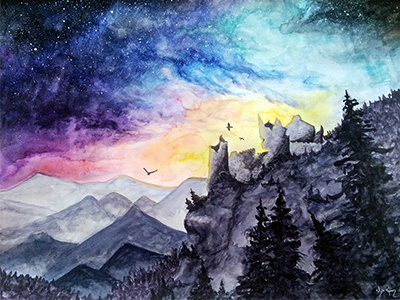 Castle artwork colorful galaxy illustration landscape paint painting sky space traditional watercolor watercolour