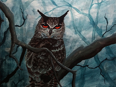 Moonlight animals art artwork bird birds illustration nature owl paint painting traditional trees