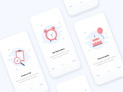 Party time alarm app clock flat illustration mobile onboarding party ui