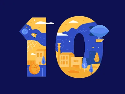 Number 10 blimp building city house illustration lettering number sky skyline space type typography