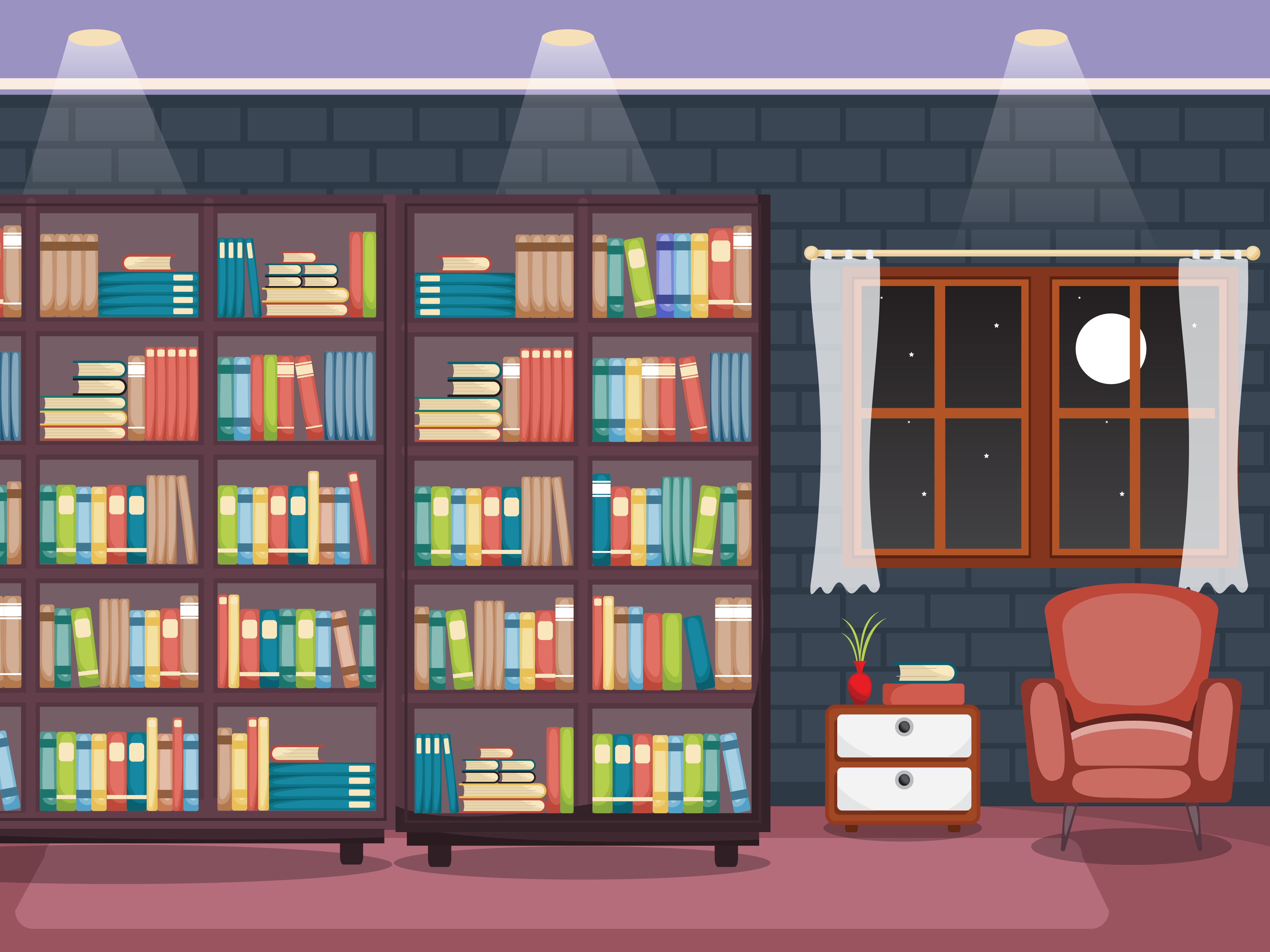 Library Room Interior Stack Of Book On Bookshelf Flat Design 04 By