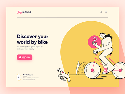 Bicycle Hero Header / Bike App Landingpage bike character clean clean design dark theme dog header hero illustration landingpage light theme minimal typography ui ui design ux ux design web web designer woman