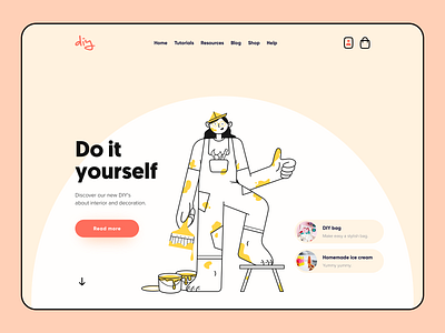 Do it yourself Hero Header / Landingpage character circle clean color dark theme diy ecommerce header hero illustration landingpage light theme minimal shop thumbs up typography ux design webdesign website woman