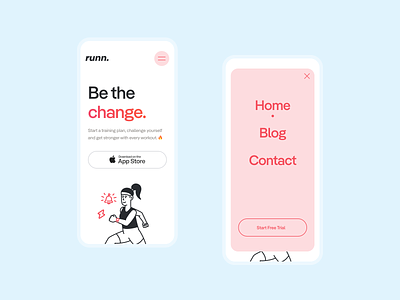 runn Mobile Hero Header and Menu Concept | Sport App Landingpage adobe xd character clean flyout menu mobile hero hero header hero section illustration menu menu concept minimal mobile menu running sports app typography ui ui design ux ux design webdesign mobile