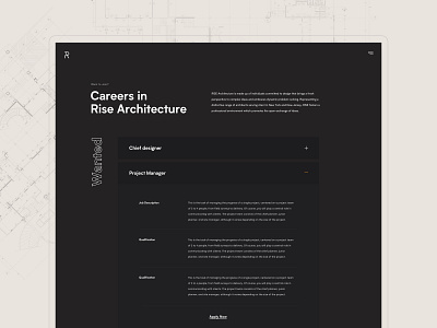 Rise Architecture - Careers accordion architecture black careers careers page clean dark design firm interface layout minimal open positions tabs ui ux web design