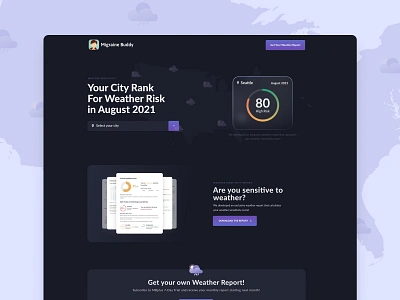 Landing page - Migraine & Headache Tracking App - Weather report dark dark ui design design studio health healthcare illustration interface landing page report tracking ui ux weather web design