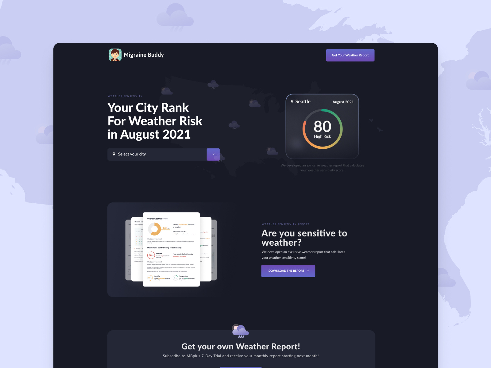 Landing page Migraine & Headache Tracking App Weather report by