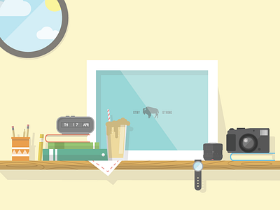 Room With a View/Office Shelf book camera clean clock cup desk flat frame illustration office shelf watch