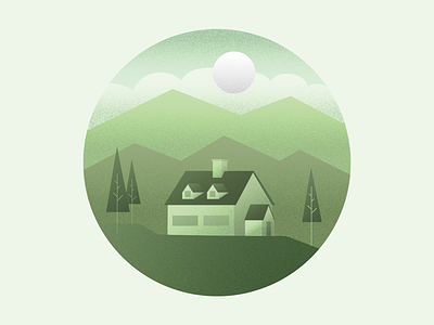 In The Woods cabin clouds gradient hills house illustration illustrator monochrome mountains stipple sun texture trees vector