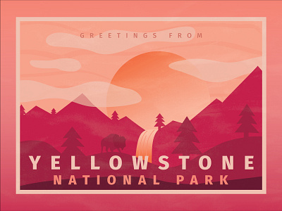 Yellowstone Postcard bison buffalo christmas clouds holidays illustration mountains national park nature park postcard sunset travel trees typography vacation waterfall wildlife wyoming yellowstone