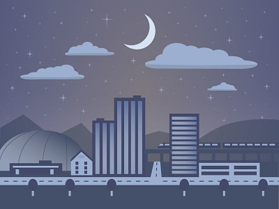 Night Skyline buildings city moon night sky skyline stars streets train trees