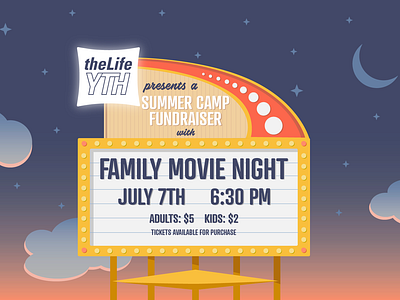 Family Movie Night advertisement family illustration illustrator logo movie night movie sign movies sky stars summer summer camp sunset youth
