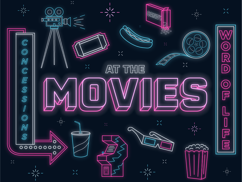 At The Movies film reel concessions neon candy hotdog 3d glasses signs sign games arcade 3d drink camera ticket cinema film popcorn design at the movies illustration